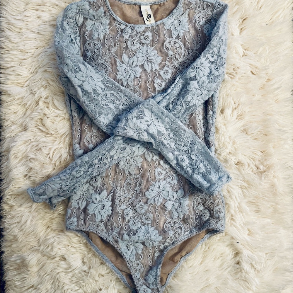 Lace Long-Sleeve Bodysuit in Light Blue